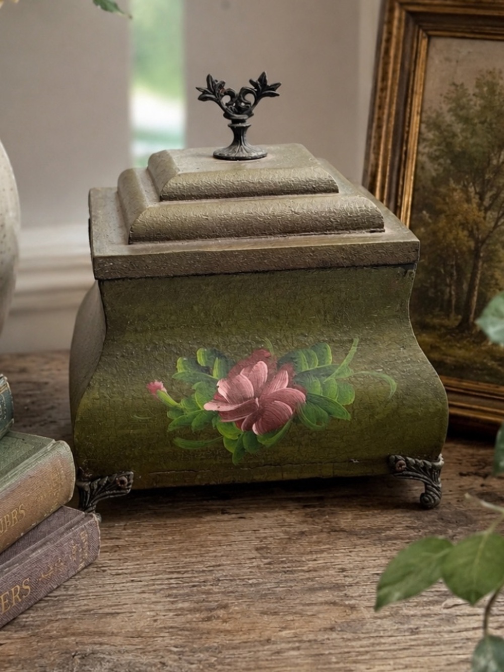 Vintage Hand Painted Footed Trinket Box. Ornate | Cottagecore | Timeless | Cozy